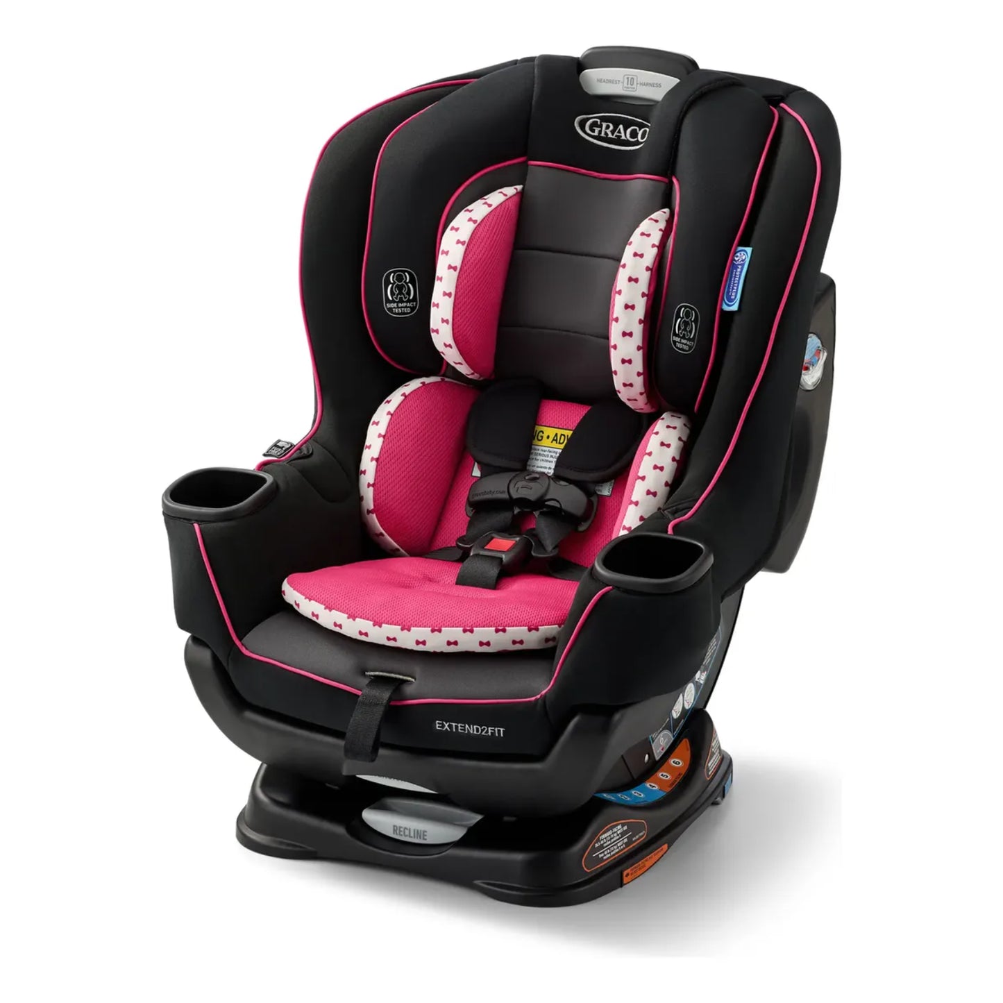 silla de auto Graco negra y rosa, vista frontal, comodidad y seguridad para niños