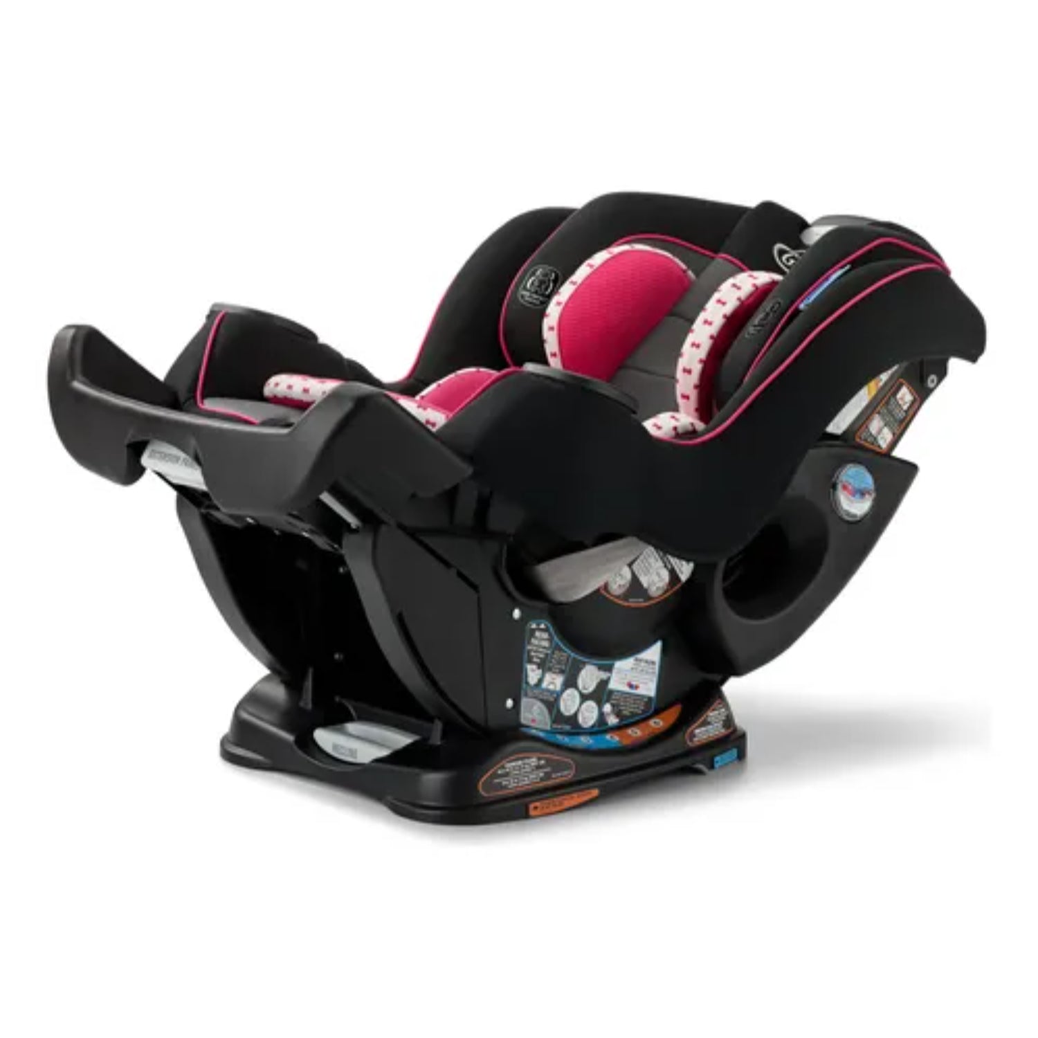 silla de auto Graco negra y rosa, vista lateral, segura para bebés