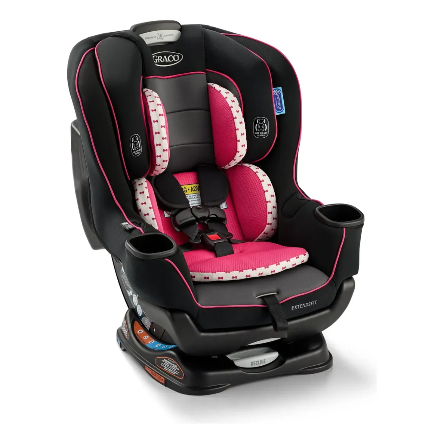 silla de auto GRACO rosa y negra, vista lateral, seguridad para niños