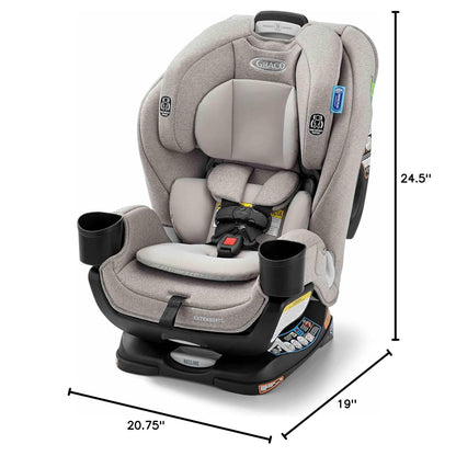 Silla de auto GRACO gris frontal, vista lateral con medidas y detalles de seguridad