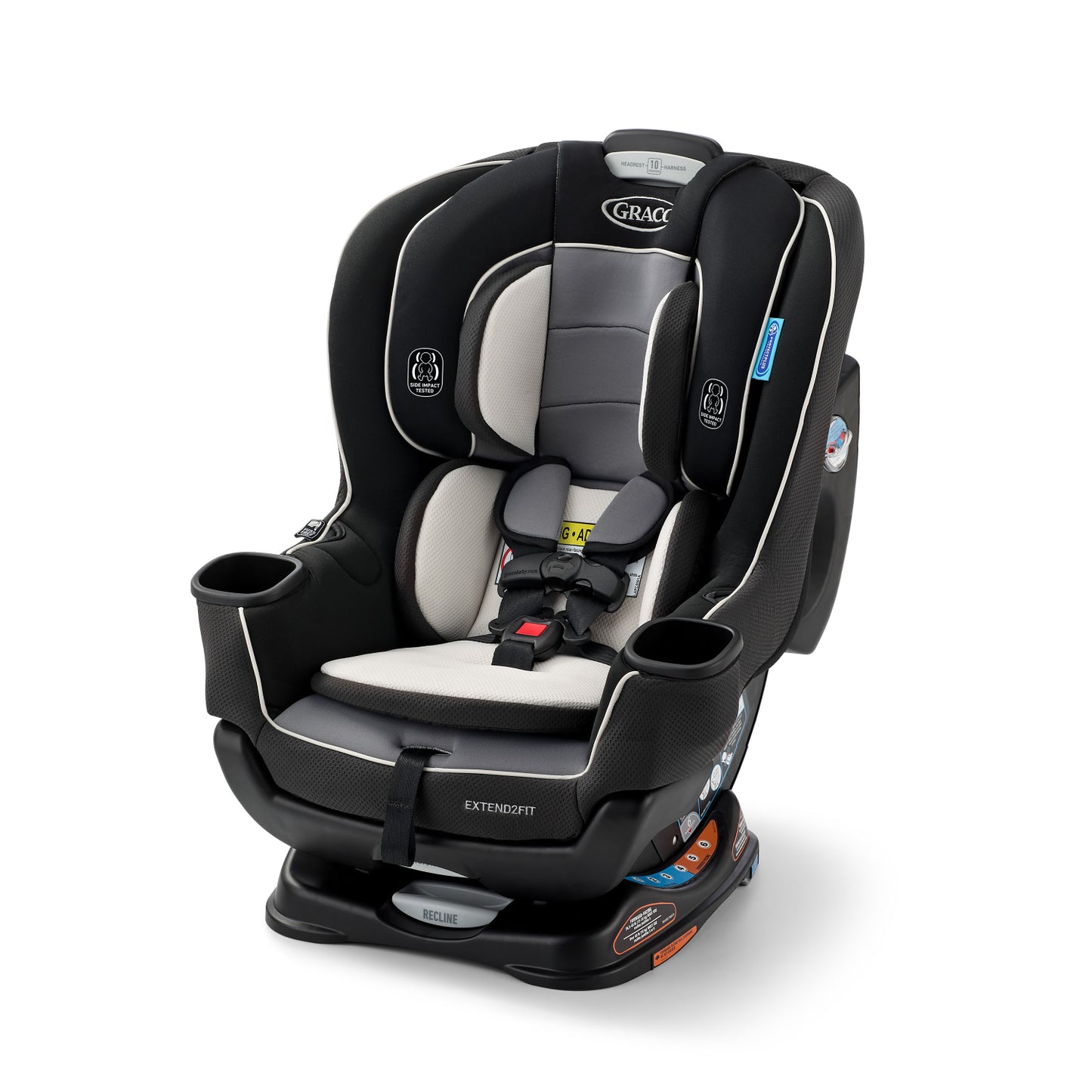 silla de auto Graco Extend2Fit negra con detalles grises en vista lateral