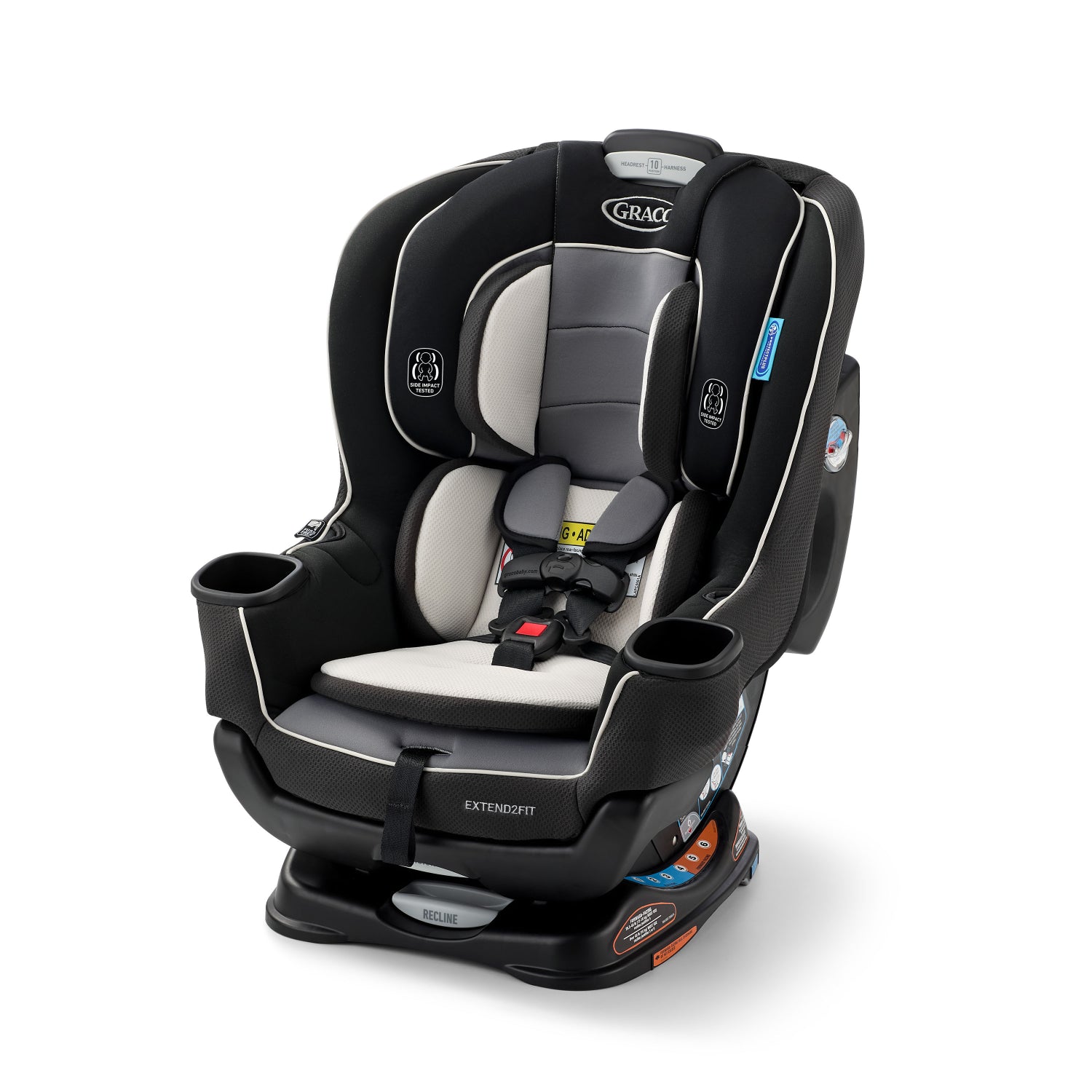 silla de auto Graco Extend2Fit negra con detalles grises en vista lateral