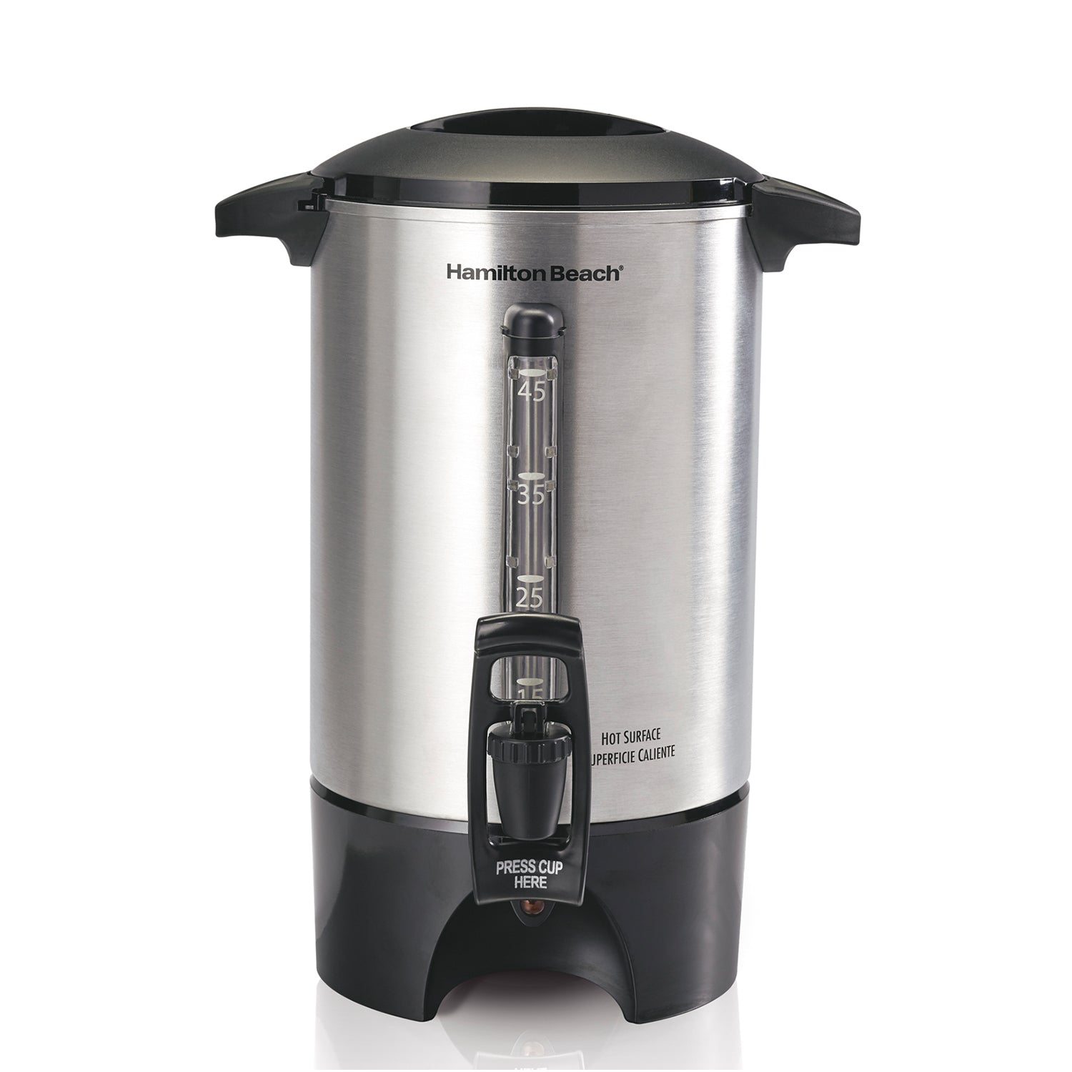 cafetera Hamilton Beach de acero inoxidable, vista frontal, cocina