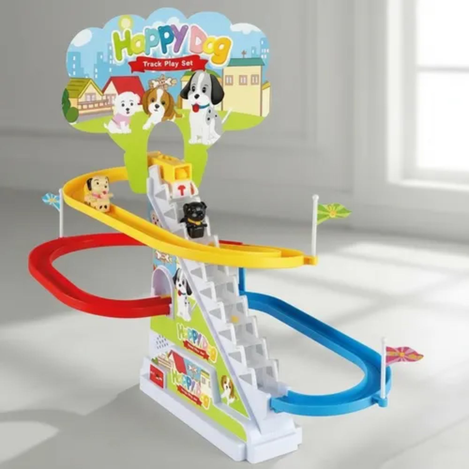 pista de coches de juguete colorido, vista lateral, sala de juego