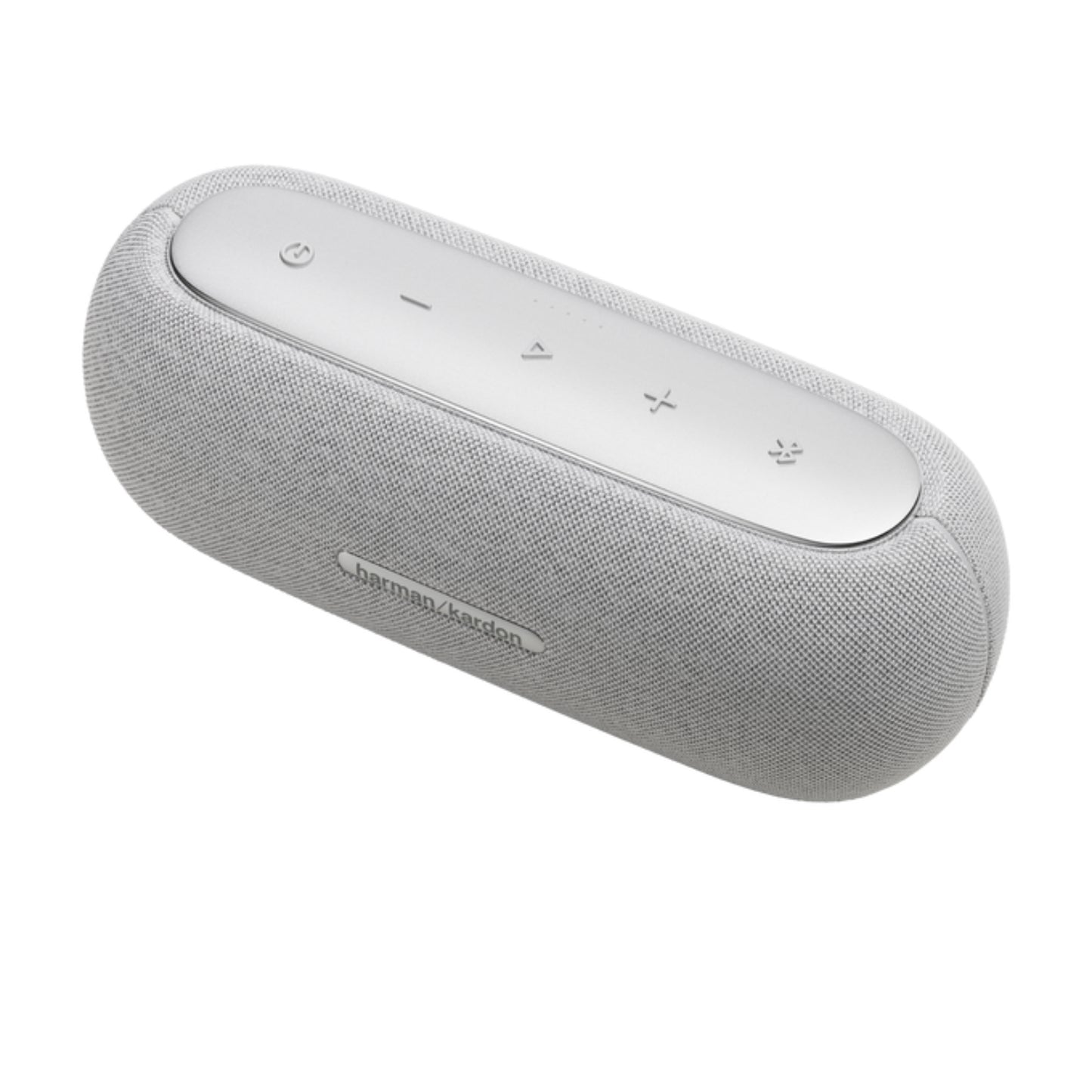 Parlante HARMAN KARDON gris, vista lateral, diseño elegante y moderno