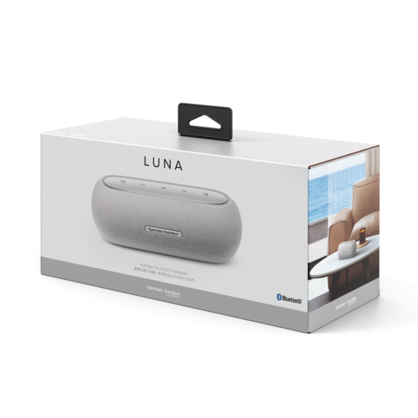 Caja de parlante Harman Kardon Luna, color gris, vista frontal con controles
