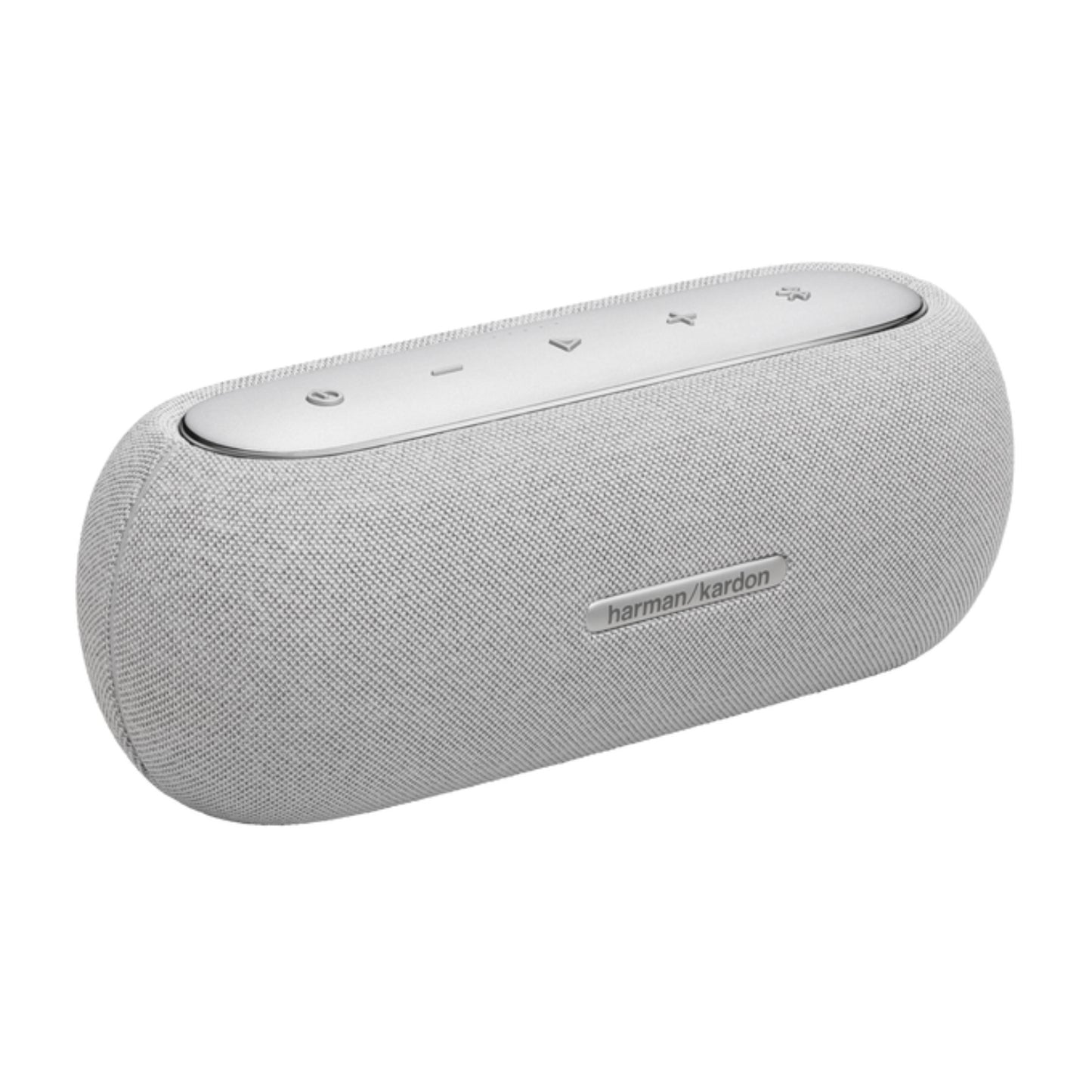 Parlante Harman Kardon gris frontal sobre fondo blanco