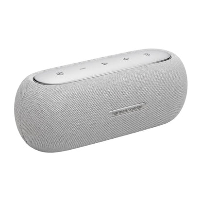 Parlante Harman Kardon gris frontal sobre fondo blanco