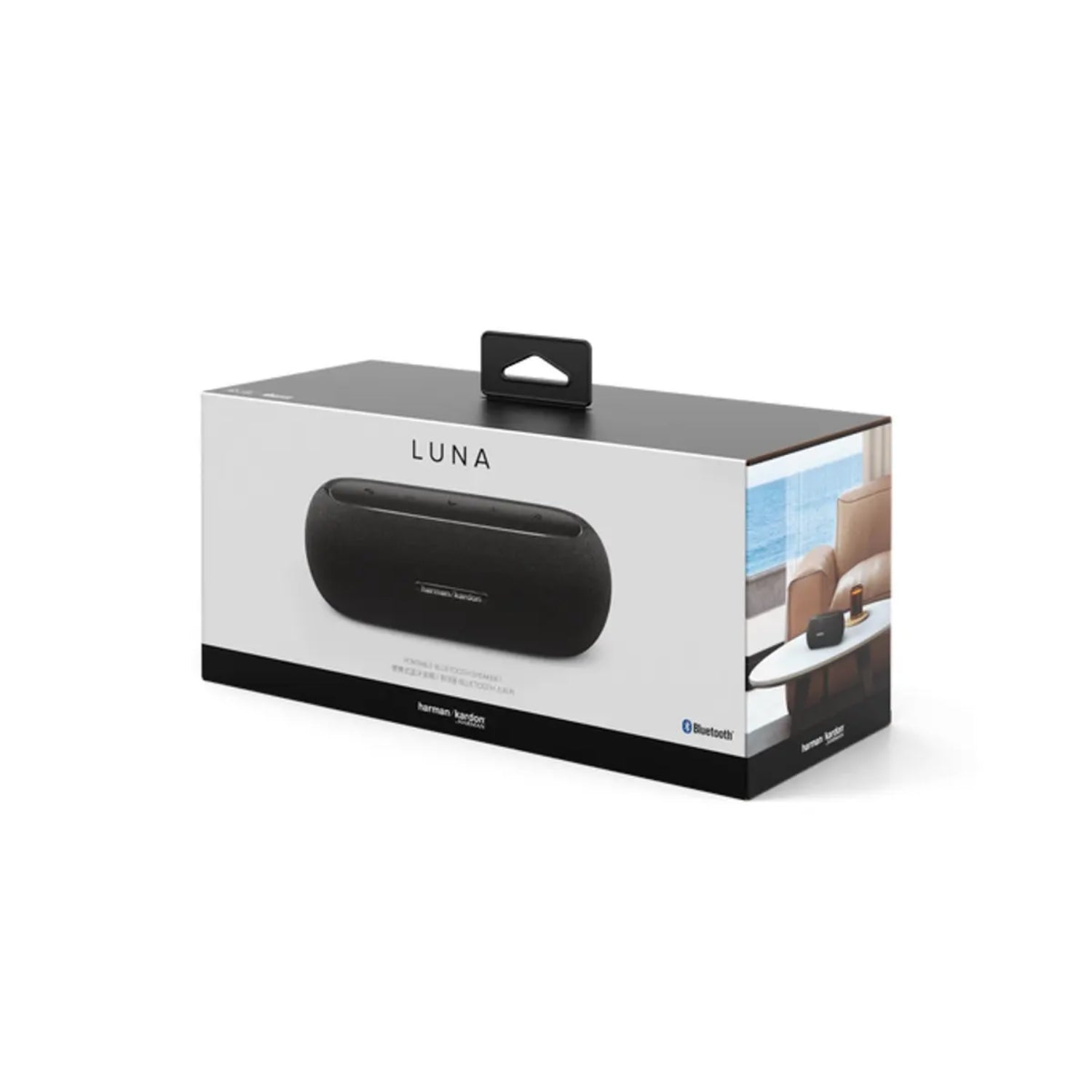 Parlante HARMAN KARDON LUNA negro en su caja, ideal para audio en casa