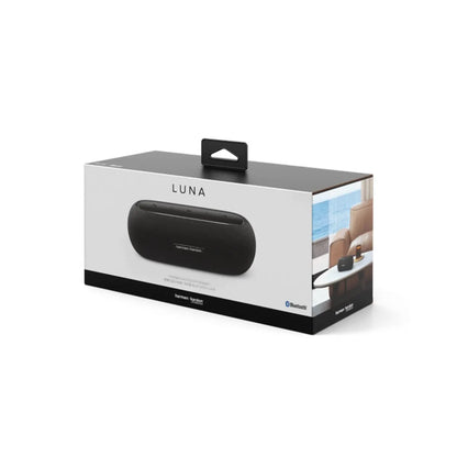 Parlante HARMAN KARDON LUNA negro en su caja, ideal para audio en casa