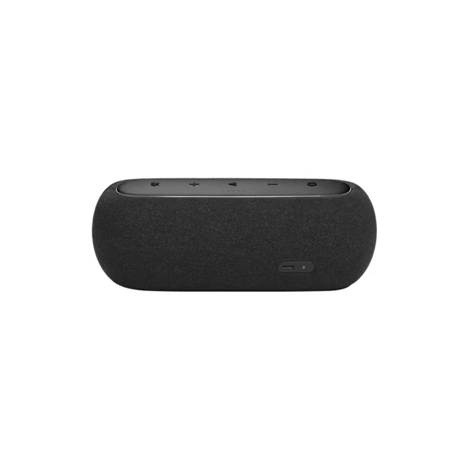 Parlante HARMAN KARDON negro, vista lateral con controles en la parte superior