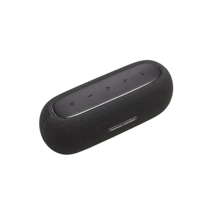Parlante HARMAN KARDON negro, vista lateral con controles de volumen y reproducción