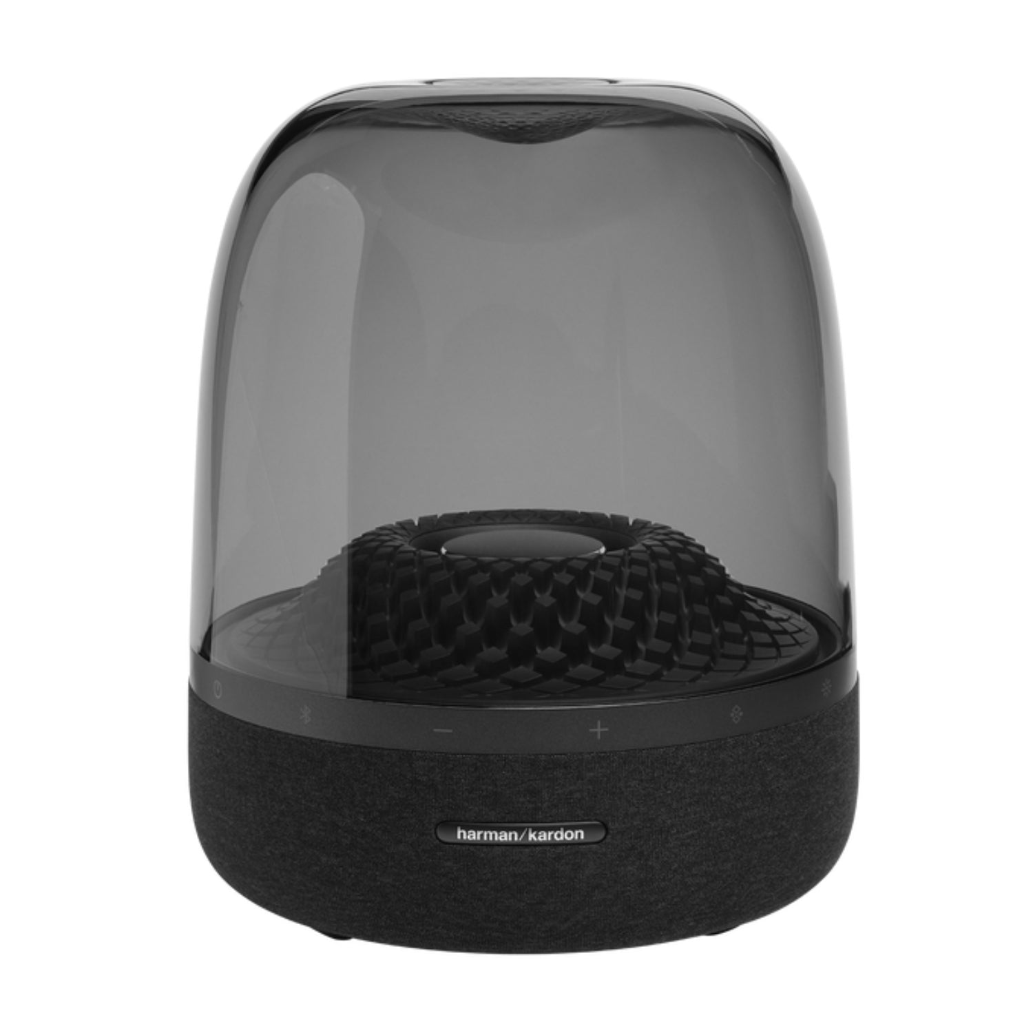 Parlante Harman Kardon negro con diseño moderno, vista frontal en casa