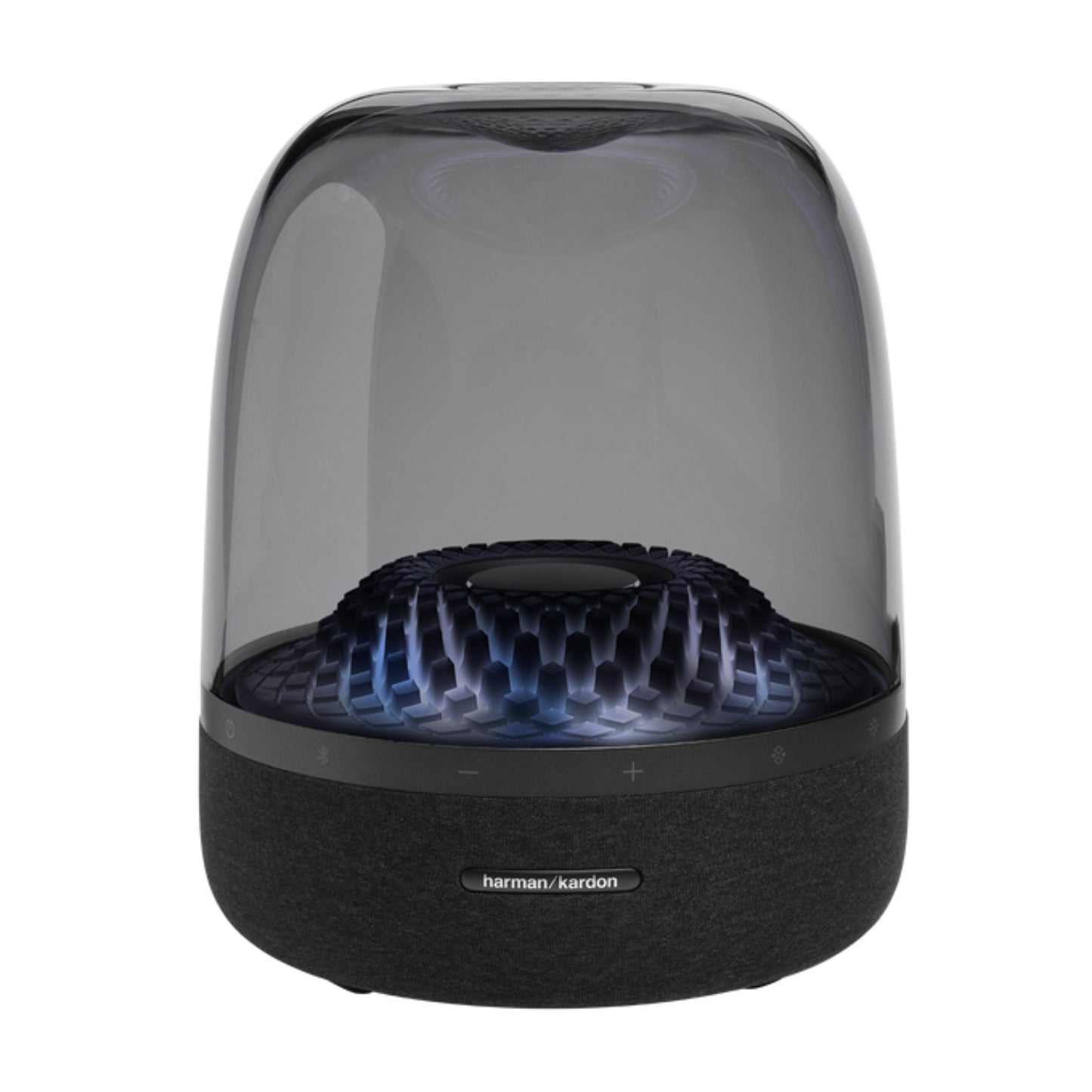 Parlante Harman Kardon negro, diseño moderno, vista frontal
