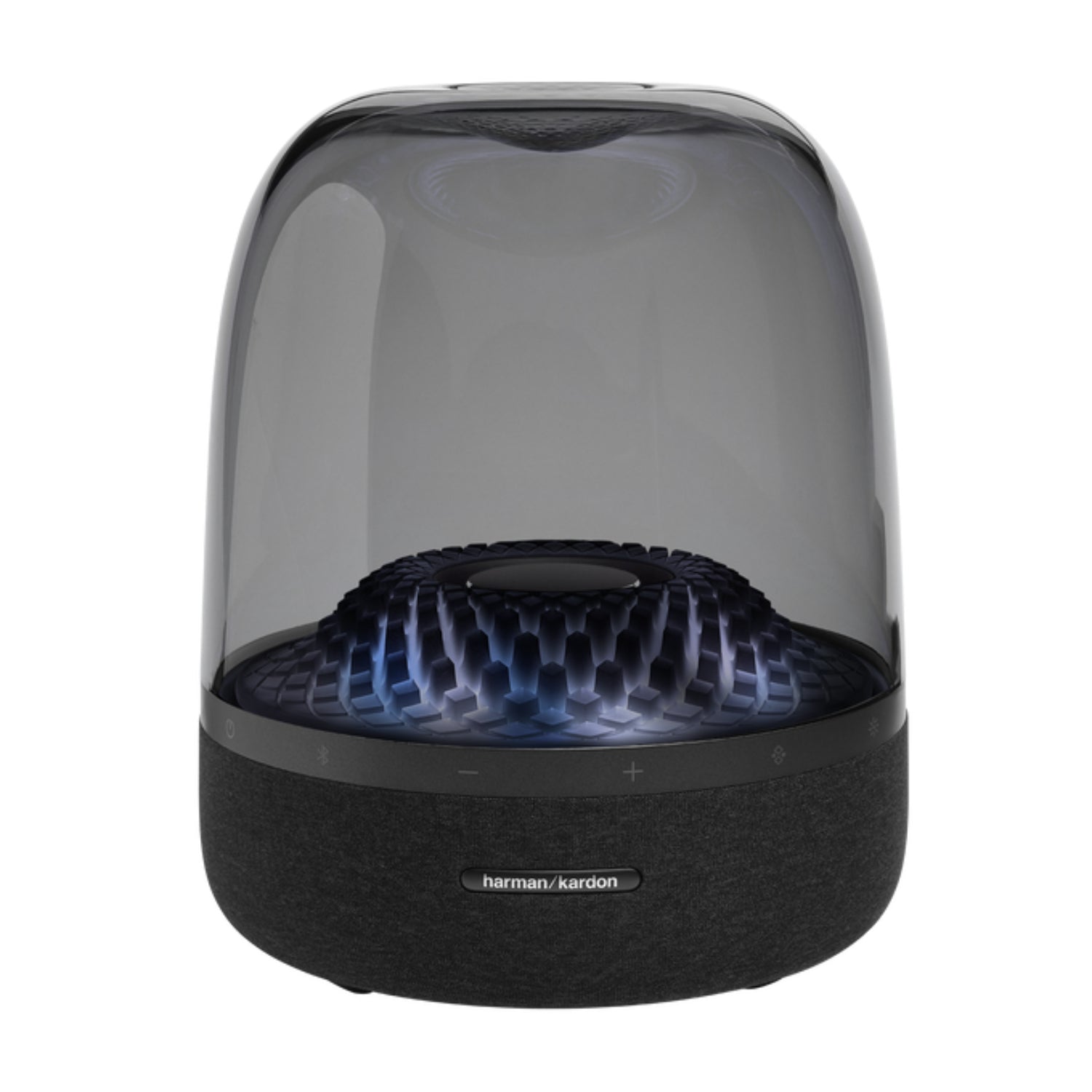 Parlante Harman Kardon negro, diseño moderno, vista frontal