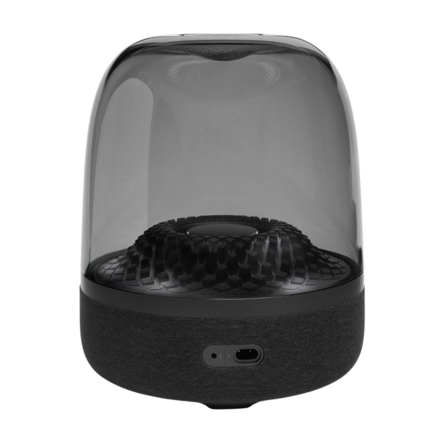 Parlante negro con diseño moderno y tapa transparente, vista lateral