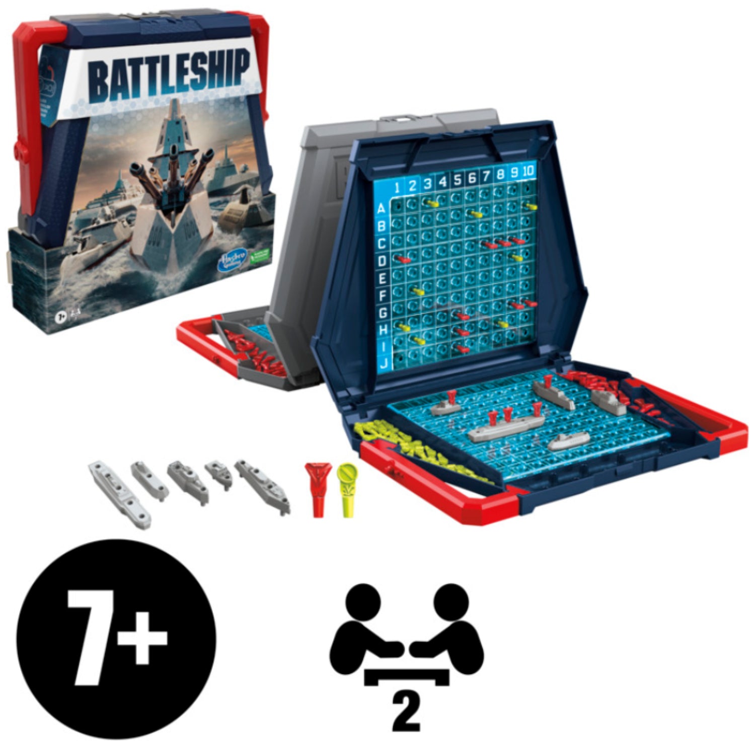 Juegol Battleship de Hasbro, caja azul con tablero y piezas para dos jugadores, juego de estrategia