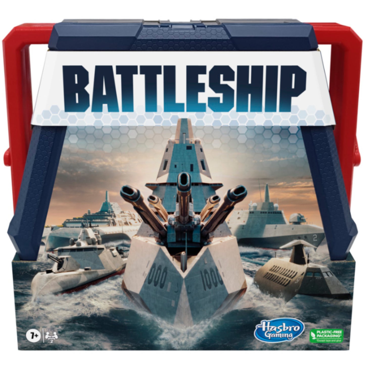 Juego de estrategia Battleship de Hasbro, caja frontal con barcos y canones