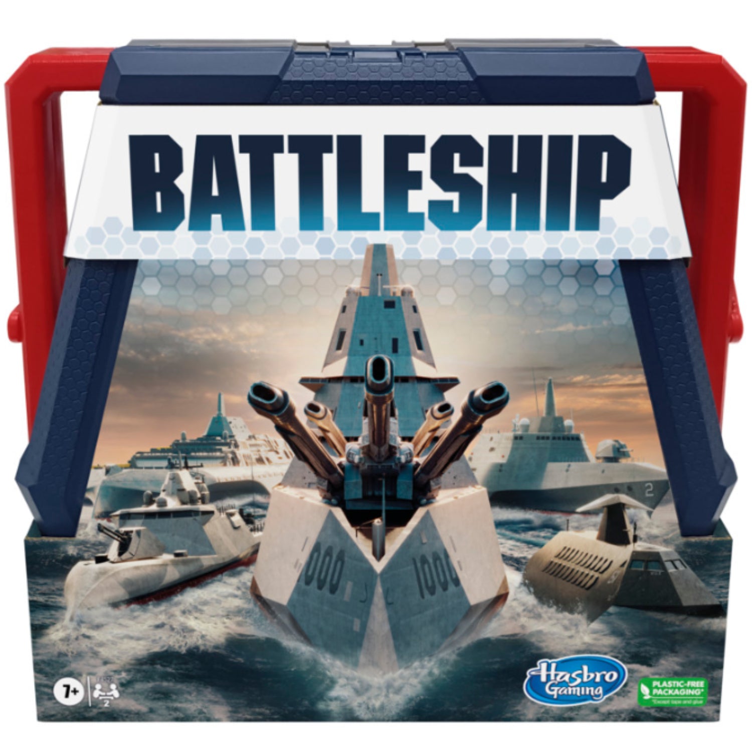 Juego de estrategia Battleship de Hasbro, caja frontal con barcos y canones