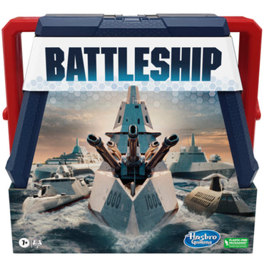 Juego de estrategia Battleship de Hasbro, caja frontal con barcos y canones
