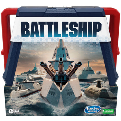Juego de estrategia Battleship de Hasbro, caja frontal con barcos y canones