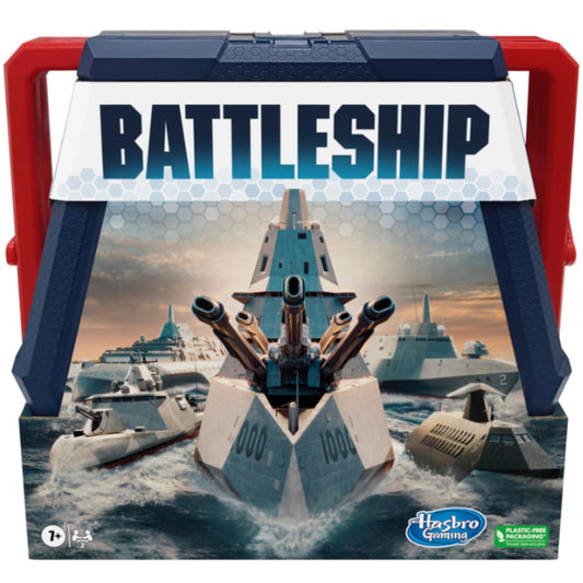 Juego de estrategia Battleship de Hasbro, caja frontal con barcos y canones