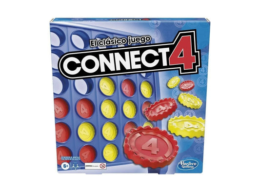 Juego Connect 4 de Hasbro, caja azul con fichas rojas y amarillas