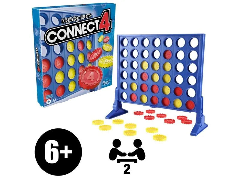 Juego Connect 4 de Hasbro, vista frontal con fichas amarillas y rojas, ideal para 2 jugadores
