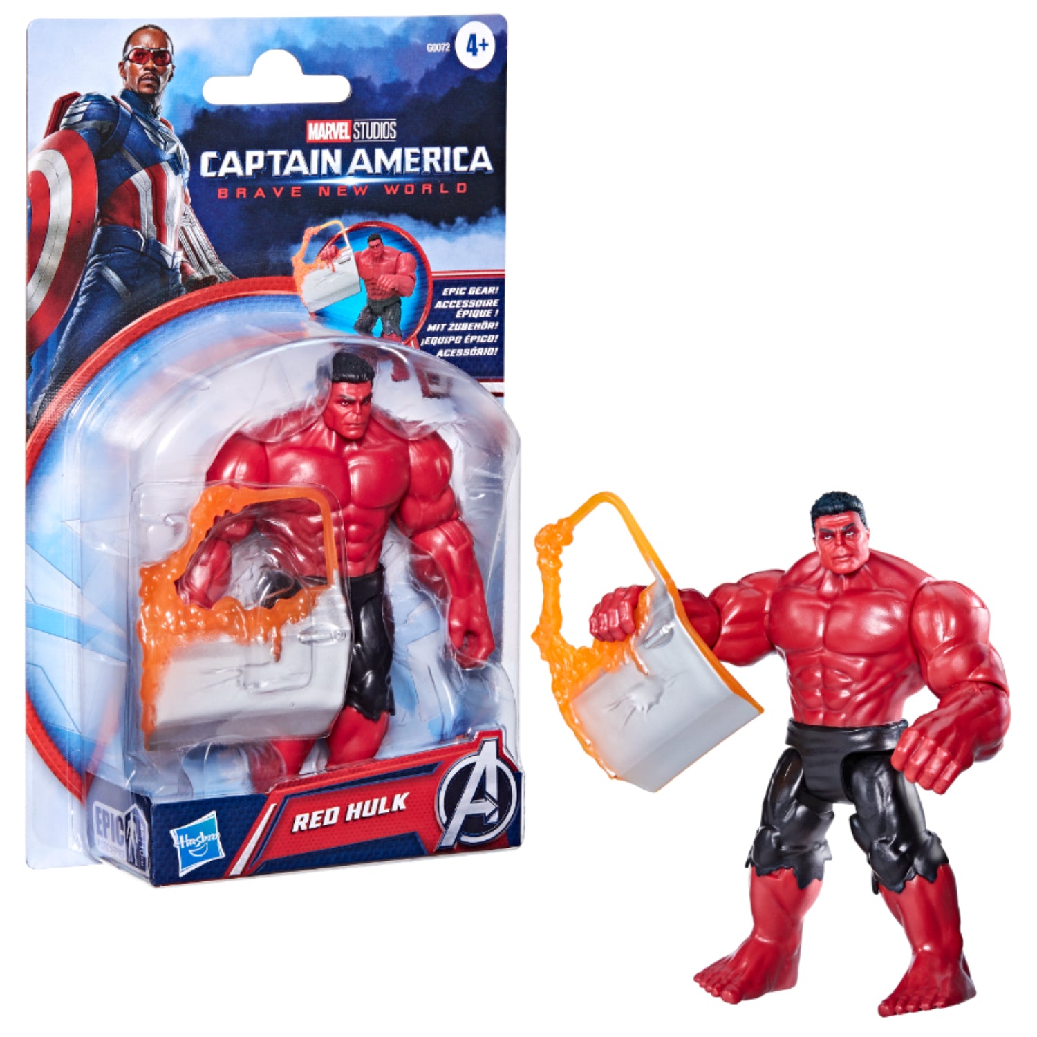 Figura Red Hulk de Marvel, vista frontal con paquete en fondo, juguete para coleccionistas
