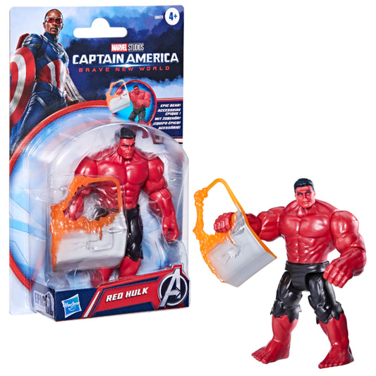 Figura Red Hulk de Marvel, vista frontal con paquete en fondo, juguete para coleccionistas