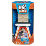 Juego Jenga Pass Challenge Hasbro, empaque frontal con vista de bloques apilados
