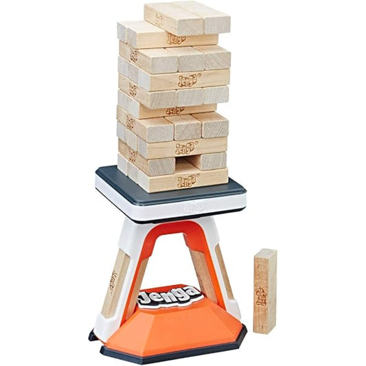 Juego Jenga apilado en base naranja, vista frontal, ideal para entretenimiento familiar