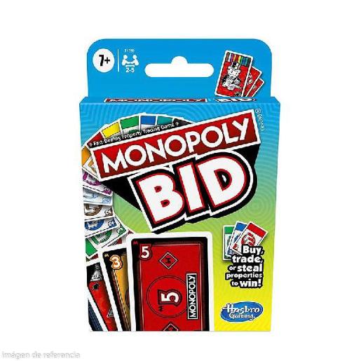 Juego de cartas Monopoly Bid, caja frontal colorida, diversión en familia