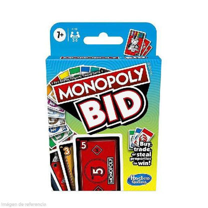 Juego de cartas Monopoly Bid, caja frontal colorida, diversión en familia