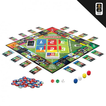Juego de mesa Monopoly FIFA, diseño colorido, tablero y tarjetas en vista superior