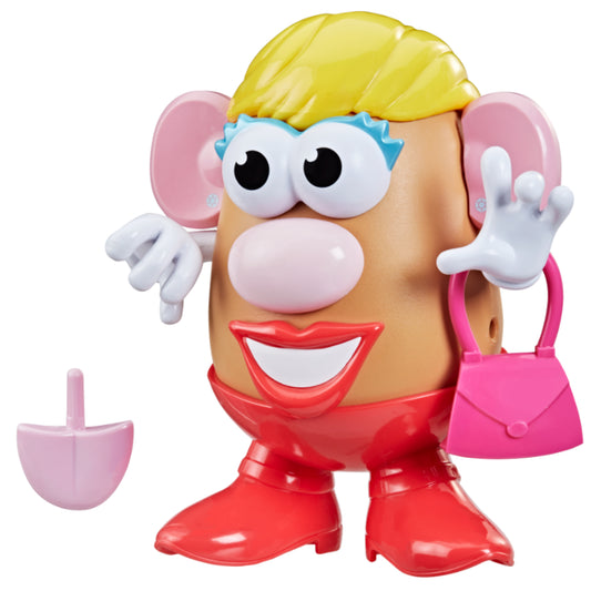Papa de juguete naranja con bolso rosa y cabello rubio, divertido para niños