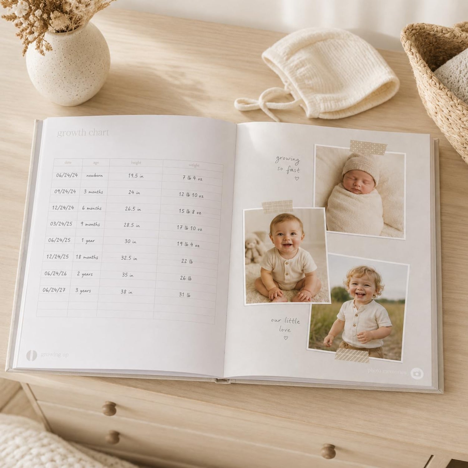 Libro de crecimiento infantil con fotos en varias páginas y diseño claro