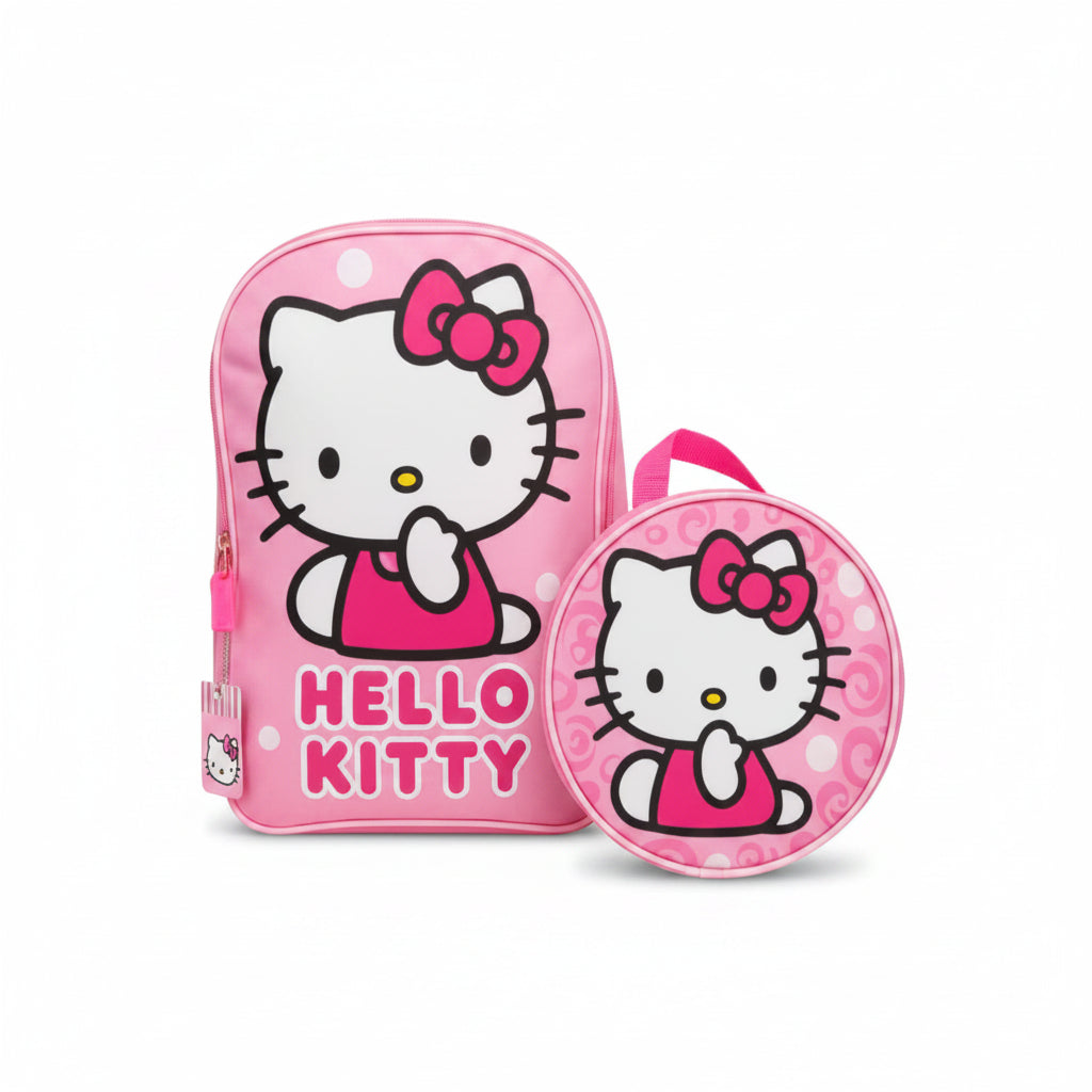 Mochila Hello Kitty rosa frontal con bolso redondo pequeño, ideal para niños