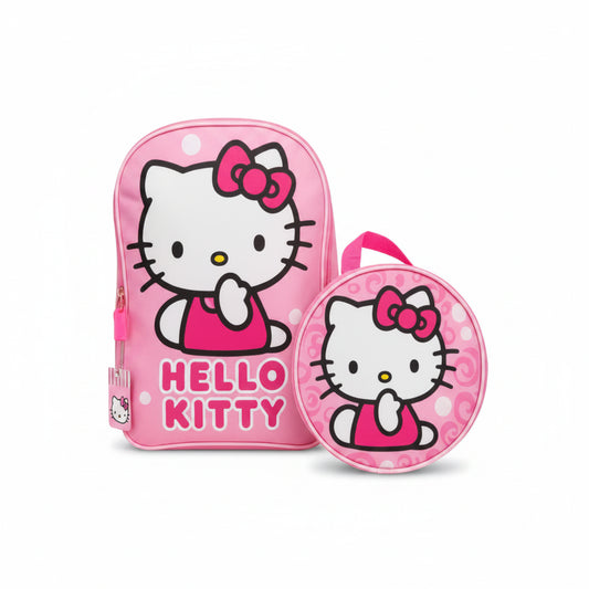 Mochila Hello Kitty rosa frontal con bolso redondo pequeño, ideal para niños