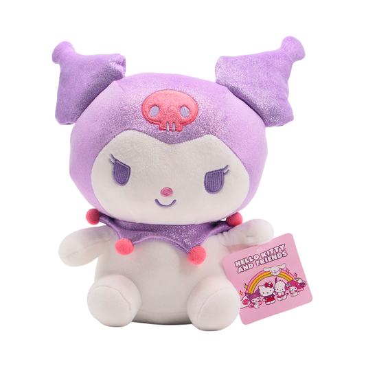 Peluche de Sanrio en tonos púrpuras con diseño de Hello Kitty y amigos