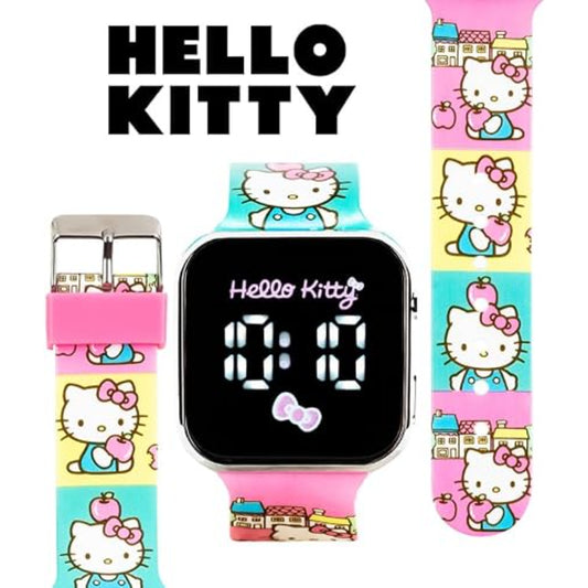 Reloj Hello Kitty con correa rosa, pantalla digital y dibujos coloridos