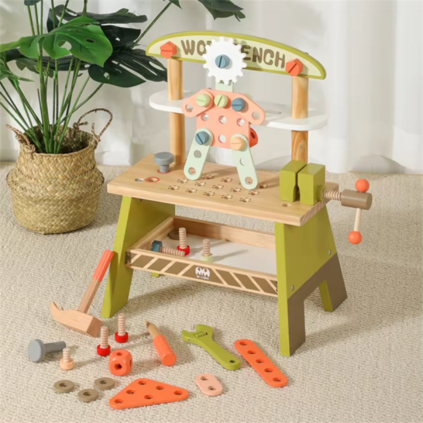 Banco de trabajo de madera colorido, herramientas de juguete, juego educativo para niños
