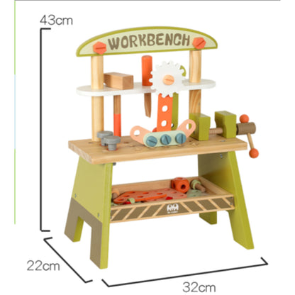Banco de trabajo de madera multicolor con herramientas para jugar, ideal para niños