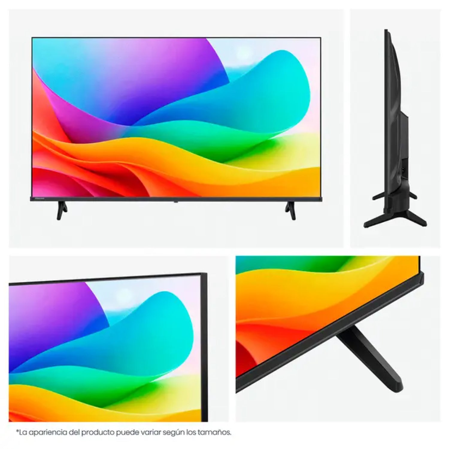 Televisor HISENSE smart, multi colores, vista frontal y lateral.