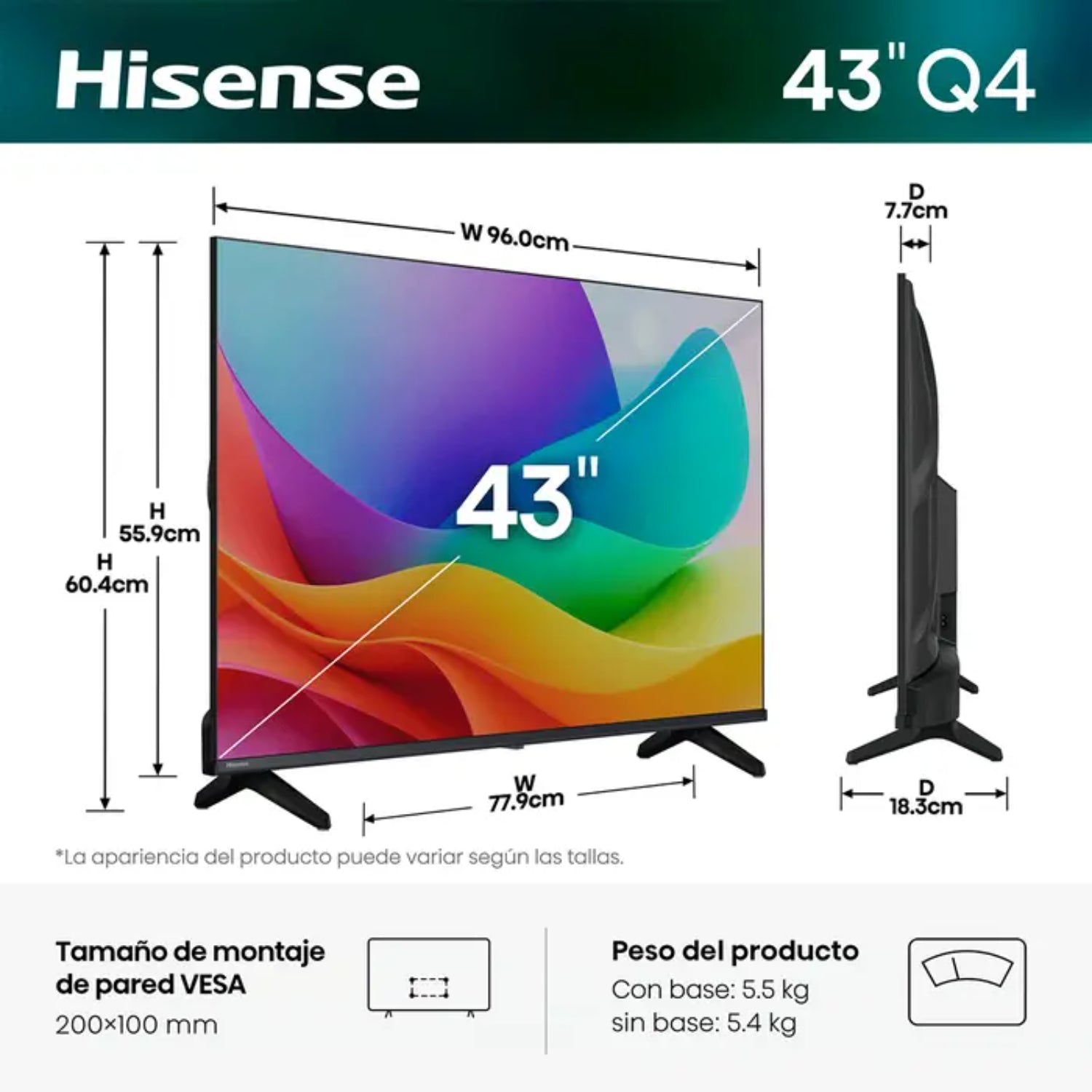 Televisor Hisense 43 pulgadas Q4, frontal, pantalla smart con diseño moderno