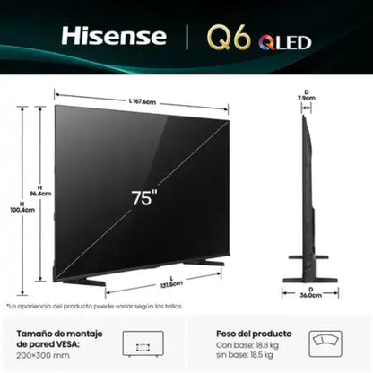 Televisor Hisense Q6 QLED 75 pulgadas, vista lateral, diseño elegante y moderno