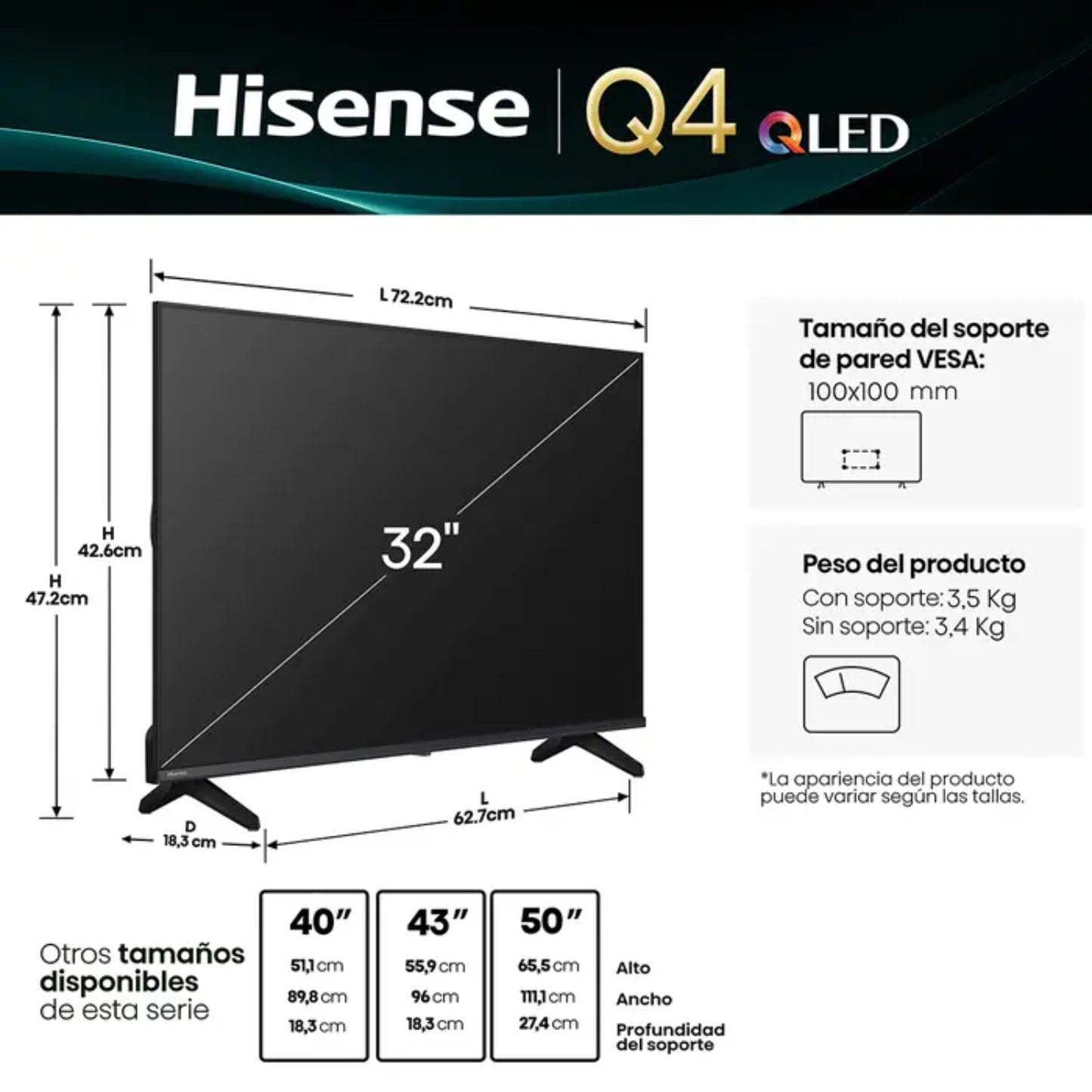 Televisor Hisense Q4 QLED 32 pulgadas, vista frontal, diseño inteligente