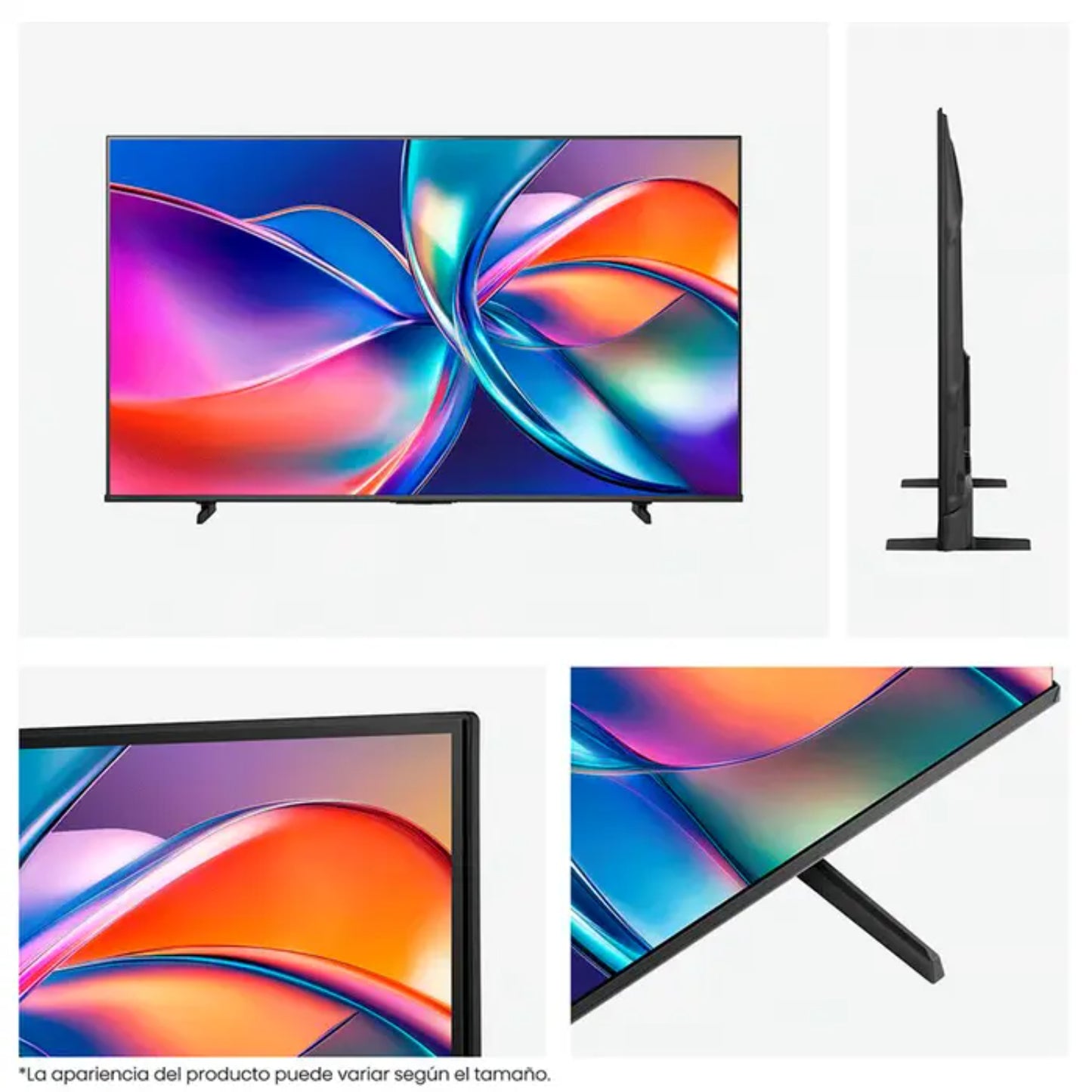 Televisor Smart HISENSE negro, vista frontal y lateral en un entorno moderno