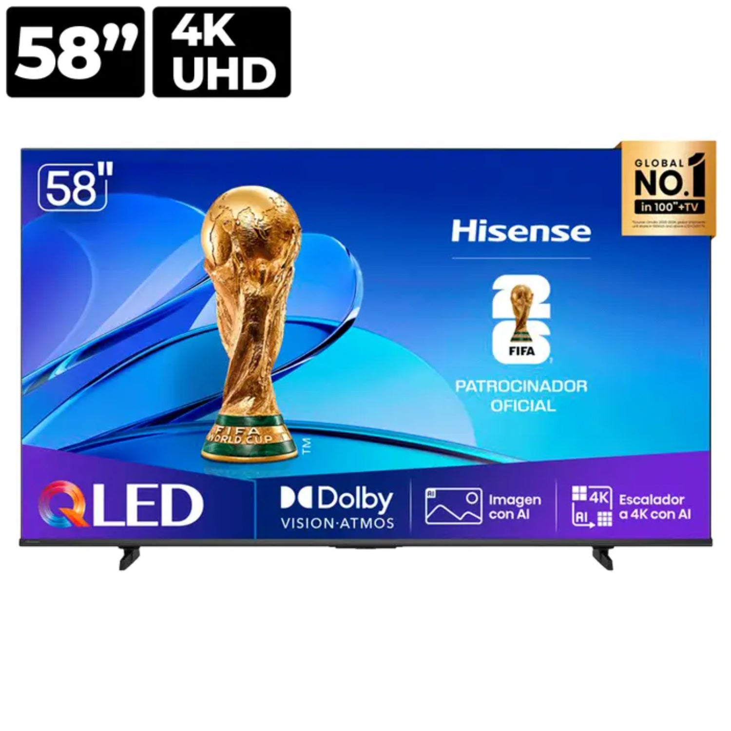 Televisor Hisense 58 pulgadas Smart 4K QLED con diseño frontal y trofeo FIFA