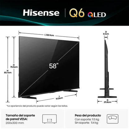 Televisor QLED Hisense de 58 pulgadas, frontal mostrando detalles de dimensiones